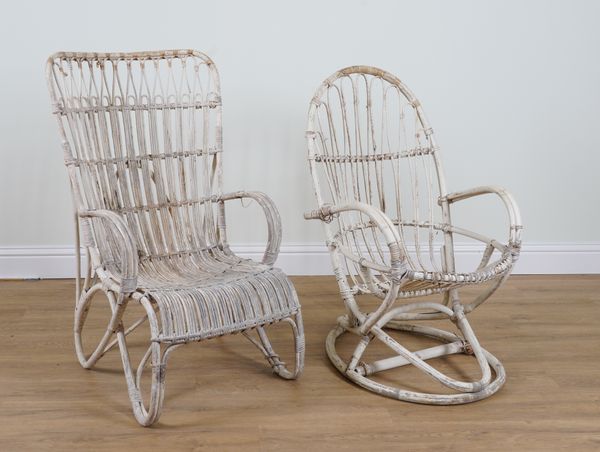 A MID 20TH CENTURY WHITE PAINTED BAMBOO ARMCHAIR (2)