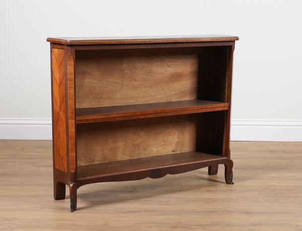 AN EARLY 20TH CENTURY FRENCH WALNUT INLAID FRUITWOOD OPEN BOOKCASE