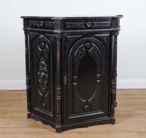 A LATE 19TH CENTURY FRENCH EBONISED CARVED WOOD SINGLE DOOR SIDE CABINET