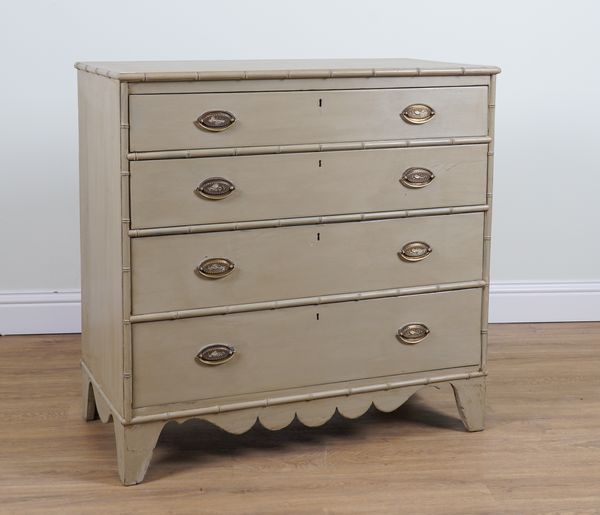 A VICTORIAN LATER GREY PAINTED FOUR DRAWER CHEST