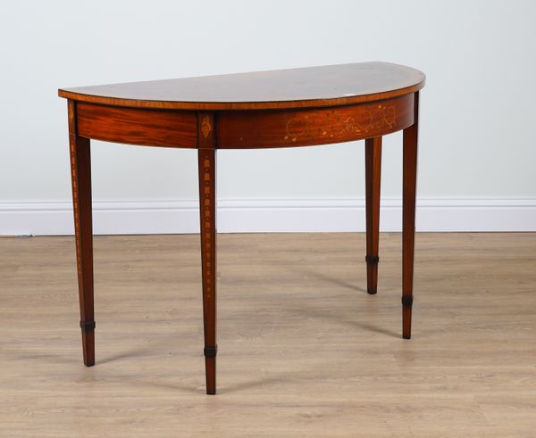 A GEORGE III STYLE MAHOGANY SUNBURST INLAID DEMI-LUNE CONSOLE TABLE