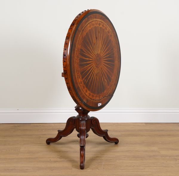 A 19TH CENTURY SNAP TOP ITALIAN SPECIMEN WOOD PARQUETRY AND SUN BURST INLAID CENTRE TABLE