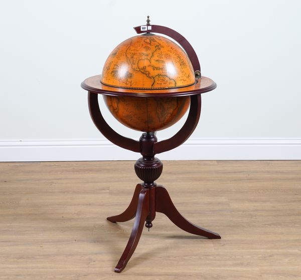 A 20TH CENTURY MAHOGANY FRAMED GLOBE DRINKS CABINET