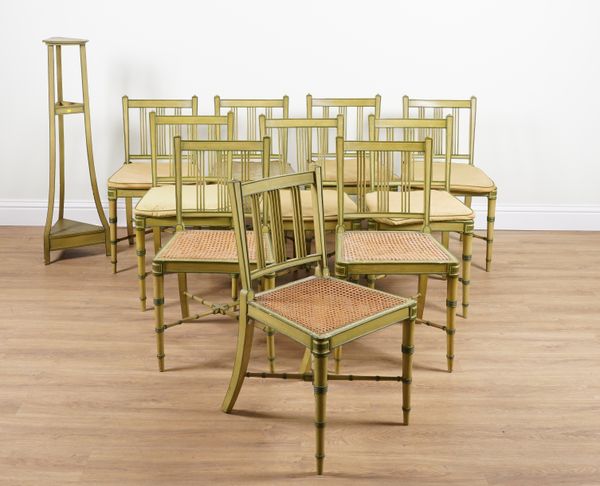 POSSIBLY COLEFAX & FOWLER; A SET OF TEN REGENCY STYLE GREEN PAINTED DINING CHAIRS (11)