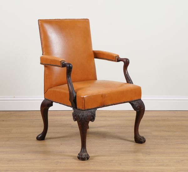 A LATE 18TH CENTURY  MAHOGANY FRAMED GAINSBOROUGH OPEN ARMCHAIR