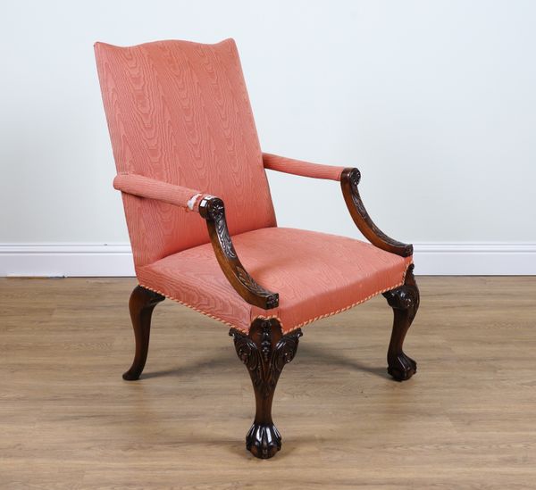 A GEORGE  III STYLE CARVED MAHOGANY FRAMED GAINSBOROUGH OPEN ARMCHAIR