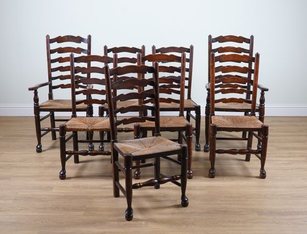 A SET OF EIGHT OAK AND ASH LANCASHIRE LADDERBACK DINING CHAIRS (8)