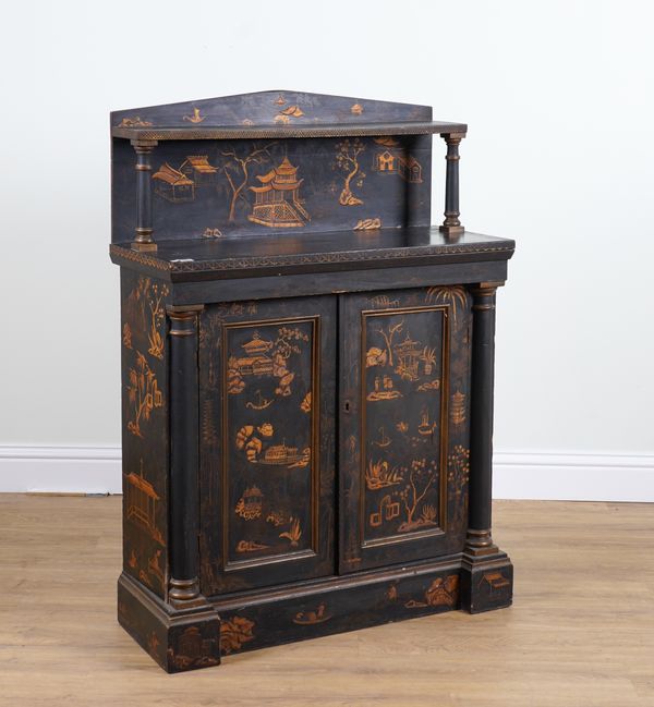 A REGENCY CHINOISERIE DECORATED SHELF BACK CHIFFONIER