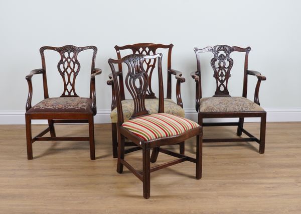 THREE 18TH CENTURY CARVED MAHOGANY OPEN ARMCHAIRS (4)