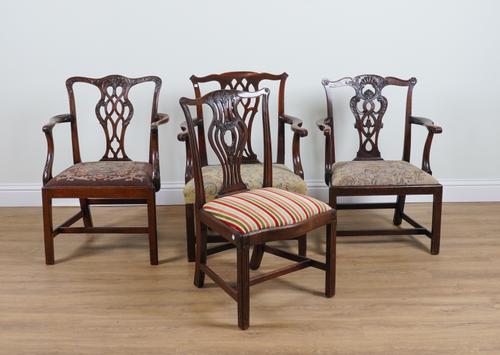 THREE 18TH CENTURY CARVED MAHOGANY OPEN ARMCHAIRS (4)