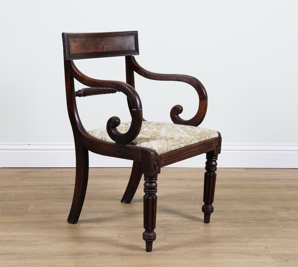 A REGENCY MAHOGANY BAR BACK OPEN ARMCHAIR