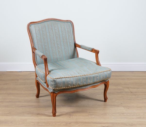 A LOUIS XV STYLE FRUITWOOD FRAMED OPEN ARMCHAIR