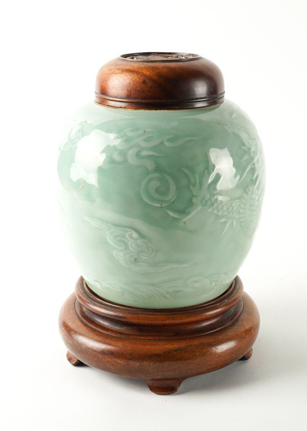 A CHINESE CELADON GLAZED PORCELAIN OVIFORM JAR