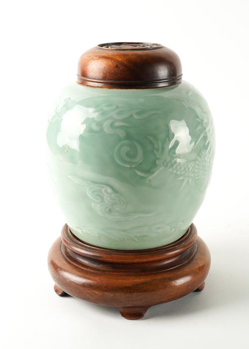 A CHINESE CELADON GLAZED PORCELAIN OVIFORM JAR