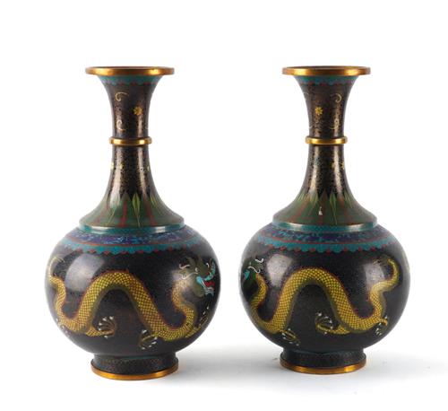 A PAIR OF CHINESE CLOISONNE BLACK-GROUND BOTTLE VASES (2)