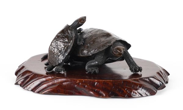 A JAPANESE BRONZE OKIMONO OF TWO TURTLES BY NOGAMI RYUKI