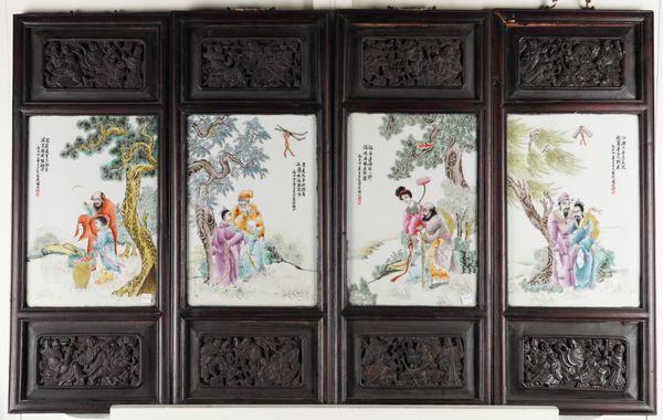 A SET OF FOUR CHINESE FAMILLE ROSE `IMMORTALS' RECTANGULAR PANELS (4)