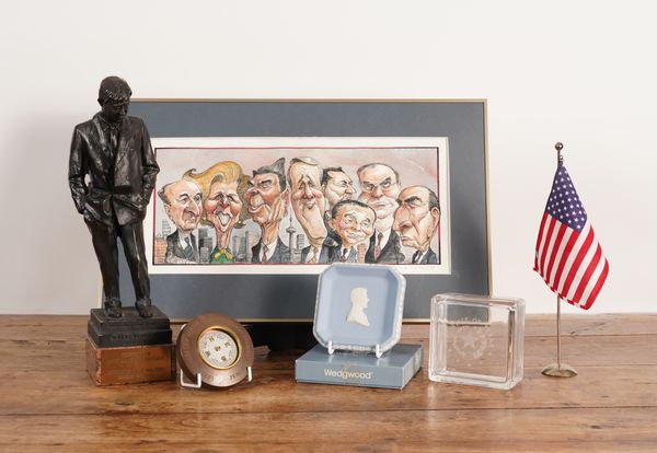 A GROUP OF AMERICAN POLITICAL MEMORABILIA: INCLUDING A BRONZE PATINATED FIGURE OF WILL ROGERS PRESENTED TO LADY MARGARET THATCHER (6)