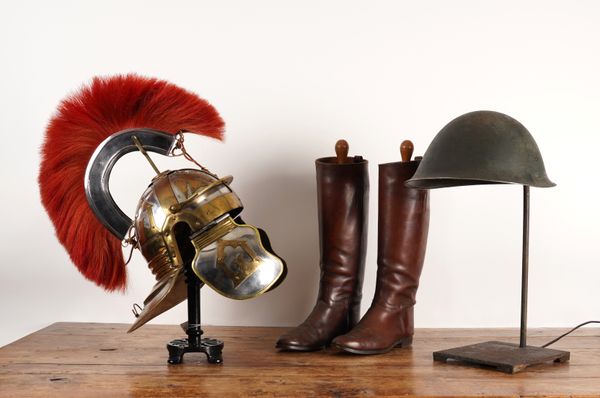 A CENTURION HELMET AND A PAIR OF LEATHER RIDING BOOTS (4)