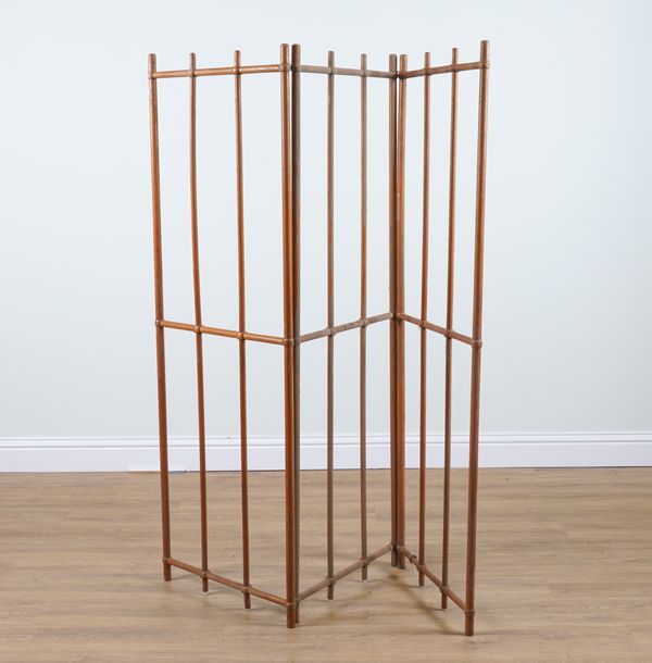 20TH CENTURY DESIGN PROBABLY DANISH; A  TURNED PITCH PINE THREE FOLD ROOM DIVIDING SCREEN