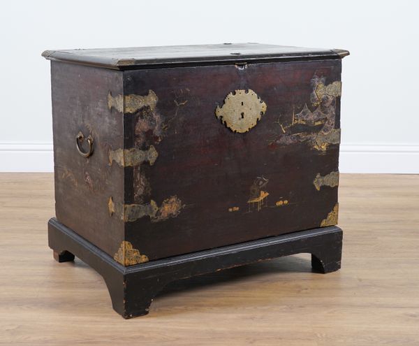 A 19TH CENTURY CHINESE EXPORT CHINOISERIE DECORATED TRUNK ON STAND