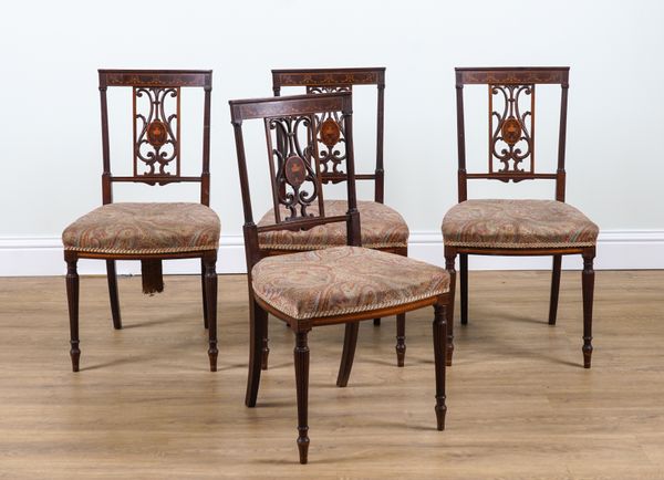 A SET OF FOUR EDWARDIAN INLAID MAHOGANY DINING CHAIRS (4)