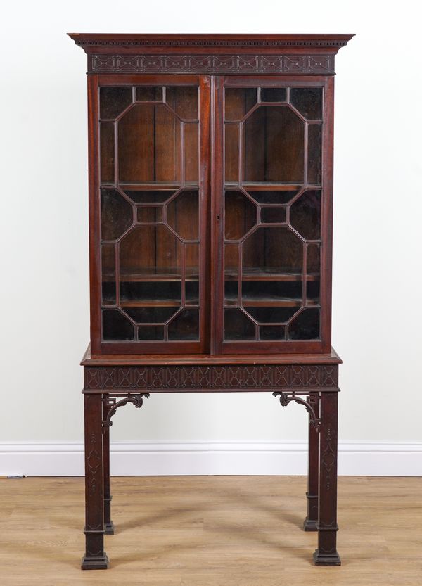 A MID 18TH CENTURY STYLE MAHOGANY TWO DOOR DISPLAY CABINET ON STAND