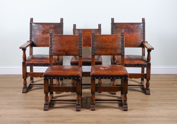 A SET OF SIX 19TH CENTURY FRENCH STAINED BEECH STUDDED LEATHER UPHOLSTERED DINING CHAIRS, (6)