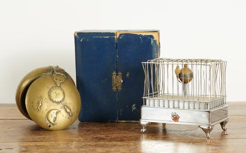 A SMALL BIRD AUTOMATON AND A LOCKING BRASS SNUFF BOX (2)