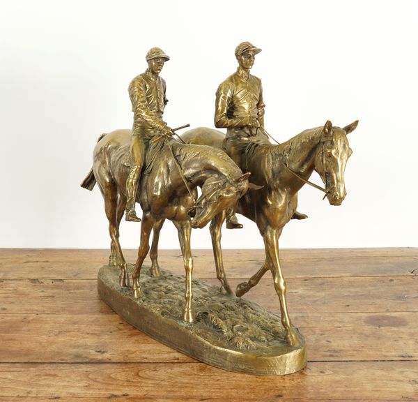 AFTER EMMANUEL FREMIET (FRENCH 1824-1910): A MODEL OF TWO RACEHORSES AND JOCKEYS / CHEVAUX DE COURSE ET JOCKEYS