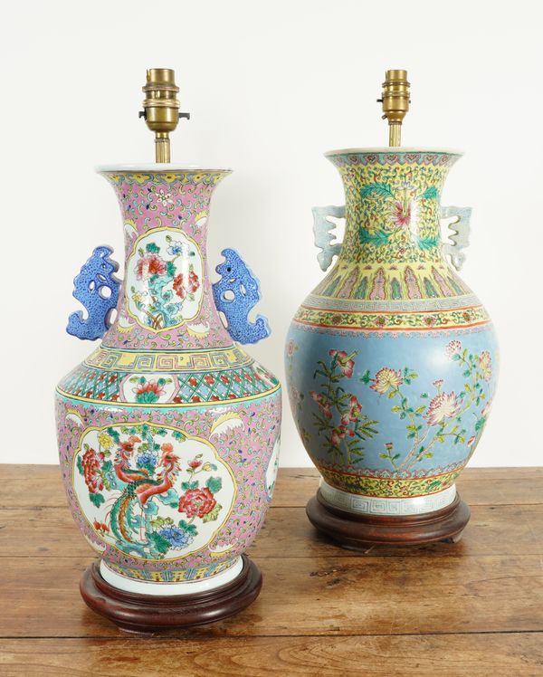 TWO CHINESE FAMILLE ROSE CERAMIC VASE TABLE LAMPS (2)