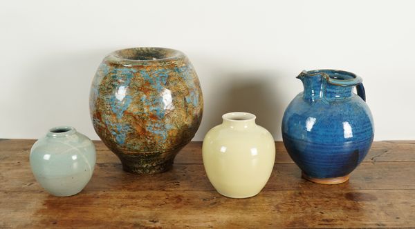 THREE STUDIO POTTERY VASES AND AN EWER (4)