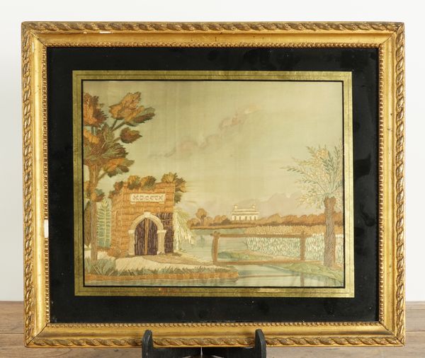 A REGENCY SILK WORK EMBROIDERY PICTURE