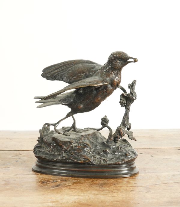 JULES MOIGNIEZ (1835-1894): A PATINATED BRONZE 'GRIVE AU GRAIN DE RAISIN'