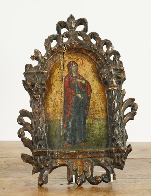 A PAINTED WOOD ICON OF THE VIRGIN MARY, POSSIBLY GREEK