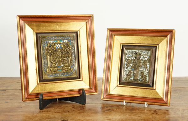 TWO BRASS AND CHAMPLEVE ENAMEL TRAVELLING ICONS (5)