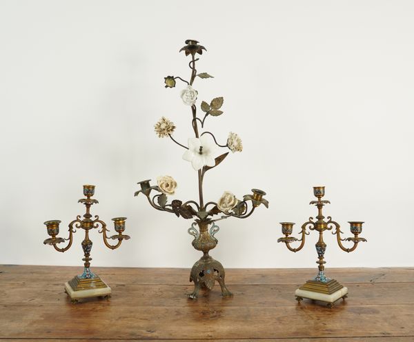 A PAIR OF FRENCH CLOISONNÉ ENAMEL AND BRASS MOUNTED THREE LIGHT CANDELABRA