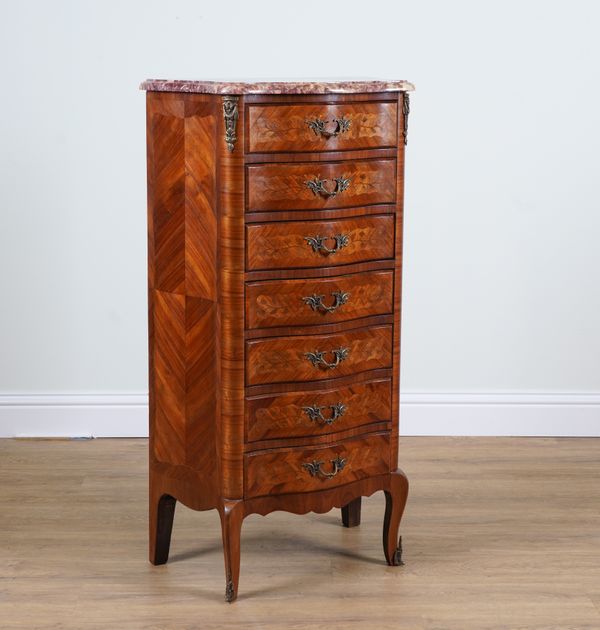 AN 18TH CENTURY STYLE FRENCH WALNUT MARBLE TOPPED SEVEN DRAWER TALL CHEST