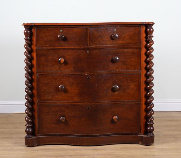 A 19TH CENTURY MAHOGANY SERPENTINE FIVE DRAWER CHEST