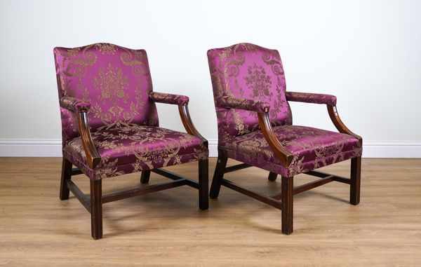 A PAIR OF GEORGE III STYLE MAHOGANY FRAMED GAINSBOROUGH OPEN ARMCHAIRS (2)