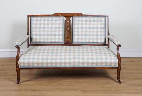 AN EDWARDIAN INLAID ROSEWOOD TWO SEAT SOFA