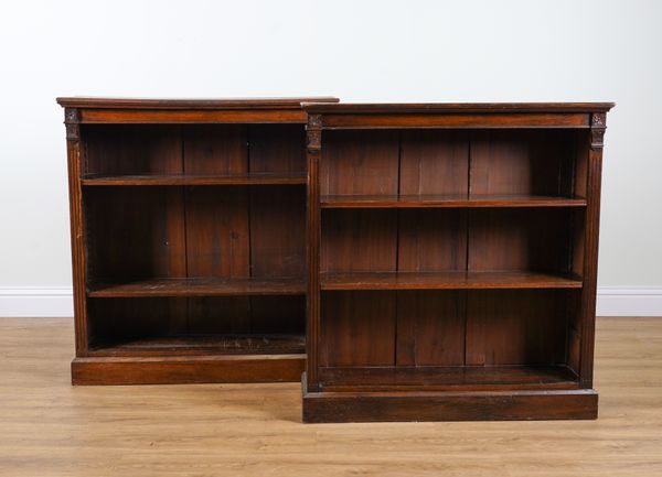 A PAIR OF VICTORIAN STYLE OAK OPEN BOOKCASES (2)