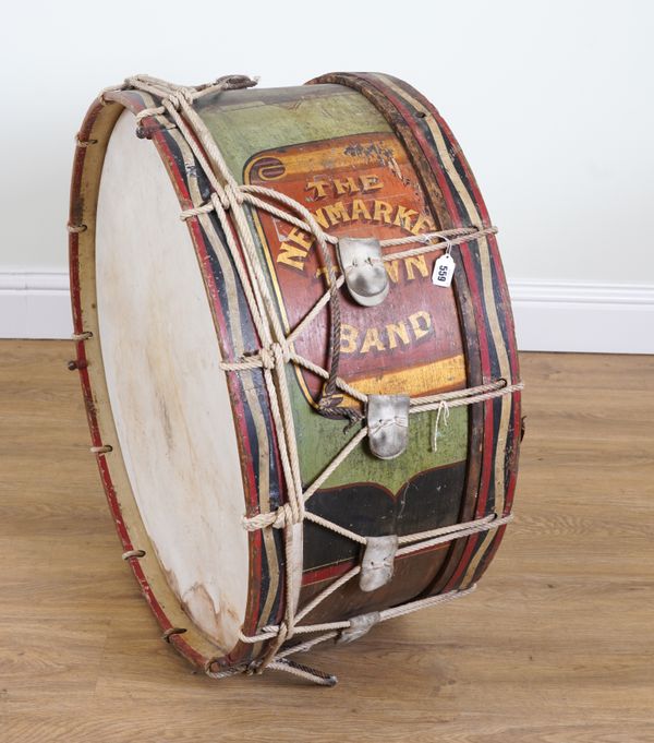 A LARGE GILT DECORATED AND PAINTED TOWN BAND DRUM