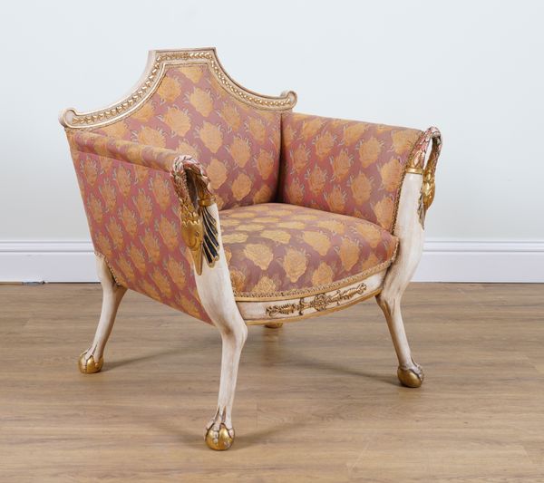 A PARCEL GILT POLYCHROME PAINTED EGYPTIAN REVIVAL ARMCHAIR