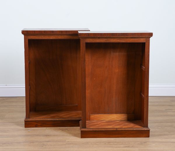 A PAIR OF SMALL WALNUT FLOOR STANDING OPEN BOOKCASES (2)