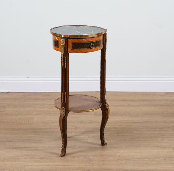 A FRENCH GILT METAL MOUNTED WALNUT MARBLE TOPPED TWO TIER JARDINIERE STAND