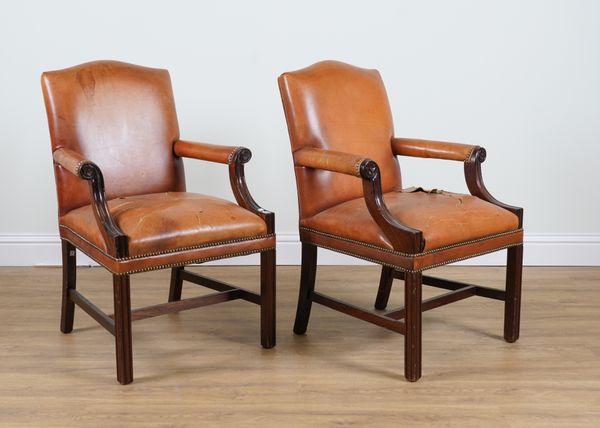 A PAIR OF GEORGE III STYLE MAHOGANY FRAMED GAINSBOROUGH OPEN ARMCHAIRS (2)