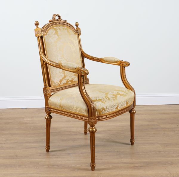 A LOUIS XVI STYLE GOLD PAINTED OPEN ARMCHAIR