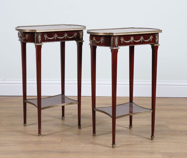 A PAIR OF FRENCH GILT METAL MOUNTED PARQUETRY INLAID SIDE TABLES (2)