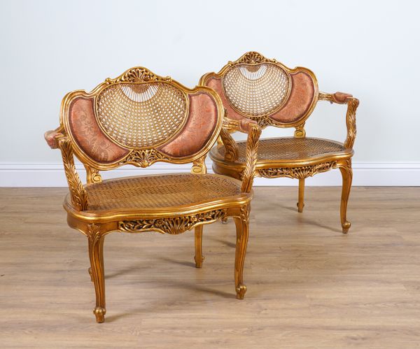 A PAIR OF GILT FRAMED TUB BACK OPEN ARMCHAIRS (2)